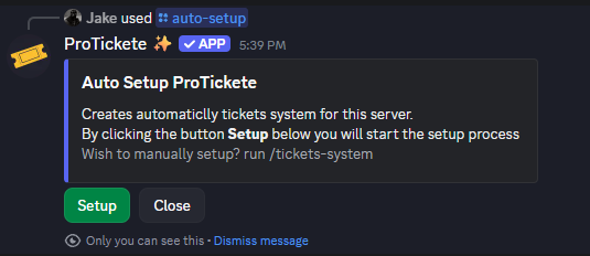 ProTickete Discord ticket bot setup preview